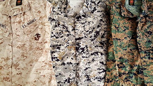 أنماط MARPAT الثلاثة التي تم اختبارها: نمط الصحراء، والنمط الحضري، ونمط الغابة
