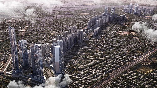 صورة ثلاثية الأبعاد لأول منطقة أعمال مركزية في باكستان قيد الإنشاء حالياً.