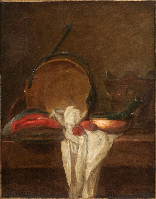 أواني طهي ومغرفة مع قطعة قماش بيضاء (1729)، زيت على قماش، 39.1 × 30.8 سم (15 3/8 × 12 1/8 بوصة)، معهد كلارك للفنون