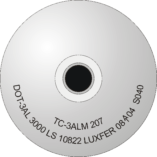 رسم تخطيطي لكتف أسطوانة مع علامة ختم: TC3ALM 207 DOT-3AL 3000 LS 10822 LUXFER 08 (ختم جهة الاختبار) 04 S040