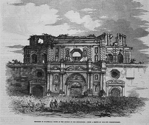 رسم تخطيطي من حوالي عام 1840. لاحظ كيف نجت الواجهة من الزلازل بشكل جيد نسبياً.