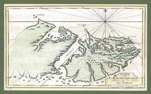 خريطة لجزر فوكلاند من عام 1767 رسمها رسام الخرائط الفرنسي إتيان أندريه فيليب (المعروف أيضًا باسم فيليب دي بريتو)