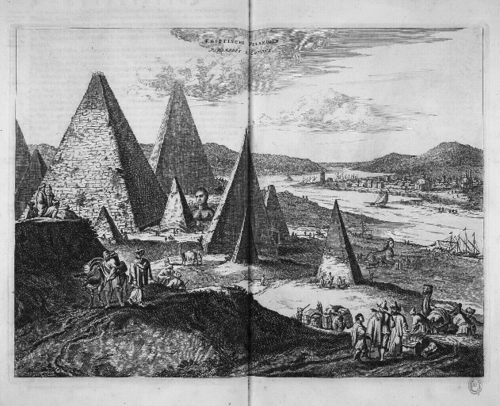 أولفرت دابر، وصف أفريقيا (1665)، لاحظ العرضين المختلفين لأبي الهول.