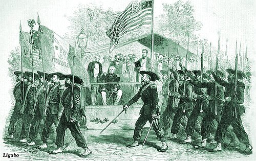 Garibaldi guard wore slouch hats and blue frock coats with red facings