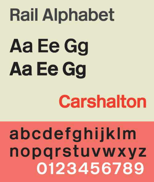 رسم بياني يوضح نوع خط Rail Alphabet، وهو خط sans-serif سهل القراءة.