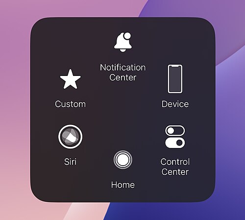 قائمة AssistiveTouch على نظام iOS تعرض خيارات الإيماءات المخصصة، ومركز الإشعارات، وعناصر التحكم في الجهاز، وSiri، والشاشة الرئيسية، ومركز التحكم.