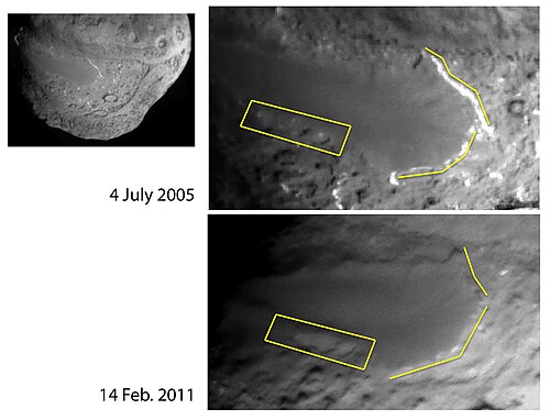 مقارنة بين صور فيلمي Deep Impact و Stardust لظاهرة مرتفعة ناعمة على سطح النواة تُظهر تراجع المنحدرات الجليدية عند الحواف.