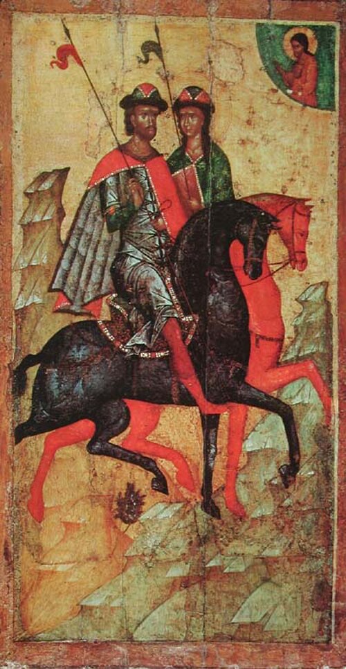 أيقونة القديسين بوريس وجليب على ظهور الخيل. موسكو، منتصف القرن الرابع عشر (معرض تريتياكوف).