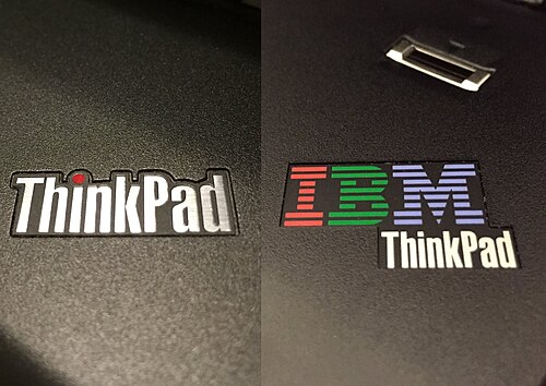 شعار ThinkPad الذي تستخدمه شركة Lenovo منذ عام 2007 (يسار) وشعار IBM ThinkPad الأصلي (يمين)