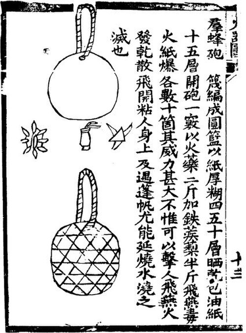 قنابل "سرب النحل" (qun feng pao) كما هو موضح في كتاب هولونغجينغ. غلاف ورقي مملوء بالبارود والشظايا.