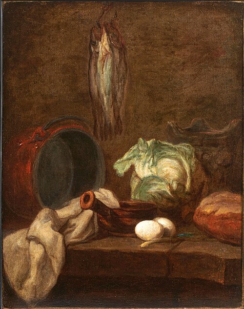 أدوات المطبخ وثلاث سمكات رنجة أو سمك القد (1729)، زيت على قماش، معهد كلارك للفنون