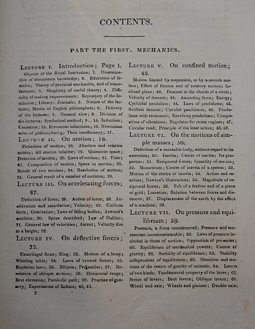 محتويات المجلد الأول من سلسلة محاضرات في الفلسفة الطبيعية والفنون الميكانيكية (1807)