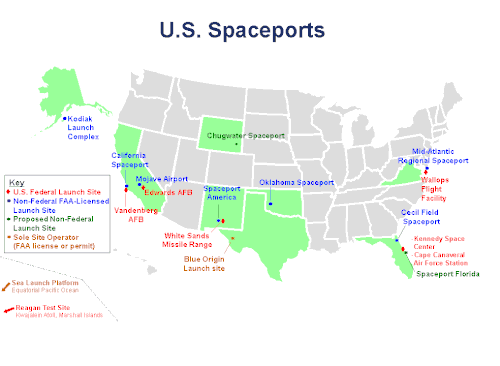 A map of all licensed spaceports in the US, as of February 2010