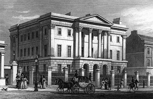 منزل أبسلي عام 1829 من تصميم توماس إتش. شيبرد. يمكن رؤية البوابة الرئيسية لهايد بارك على اليسار.