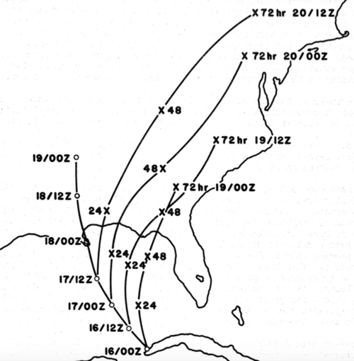 A map displays the National Hurricane Center forecasts and the actual track on a map