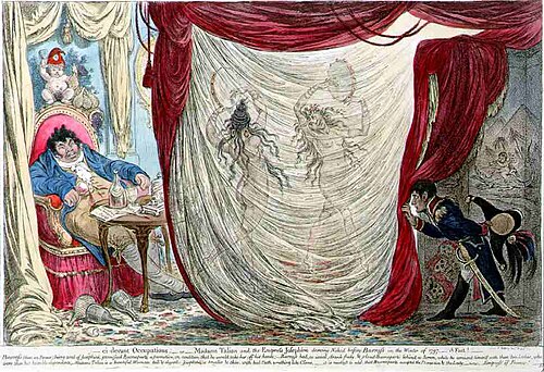 رسم كاريكاتوري لجيمس جيلراي عام 1805. بول باراس يستمتع بالرقص العاري لزوجتي رجلين بارزين، تيريزا تاليان وجوزفين بونابرت 1797