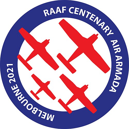 Logo depicting stylised red aircraft within a blue military air force roundel