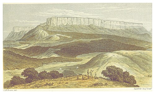رسم توضيحي لجبل رورايما في كتاب "الحياة في الزوارق والمخيمات في غيانا البريطانية"، 1876
