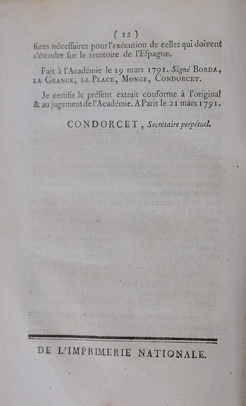 الصفحة الأخيرة من نسخة 1791 من كتاب "Rapport sur le choix d'une Unité de Mesure" بقلم كوندورسيه وجان تشارلز دي بوردا