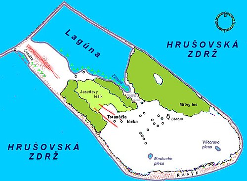 خريطة Vtáčí ostrov ("جزيرة الطيور") على Hrušovská zdrž