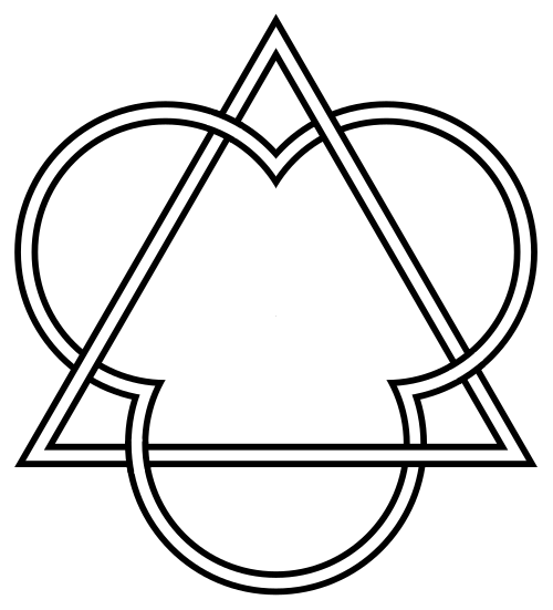 Three interlocking circles with a triangle in the centre, the full, interlocking lines of each now shown.