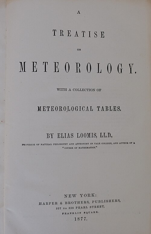 صفحة العنوان لنسخة عام 1877 من كتاب "رسالة في علم الأرصاد الجوية: مع مجموعة من الجداول المناخية"