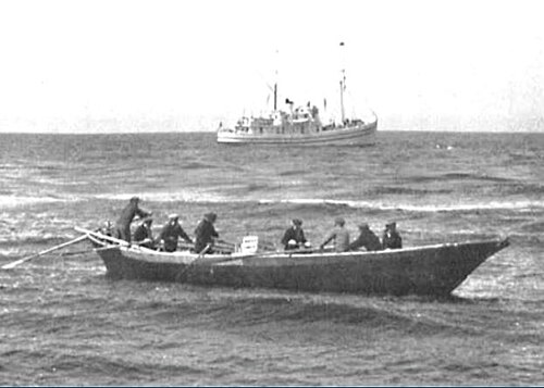سفينة الخدمة الجوية الأمريكية "بينجوين" (في الخلفية) راسية في بحر بيرينغ عام 1939 أثناء تفريغها حمولتها قبالة جزيرة سانت جورج في جزر بريبيلوف.
