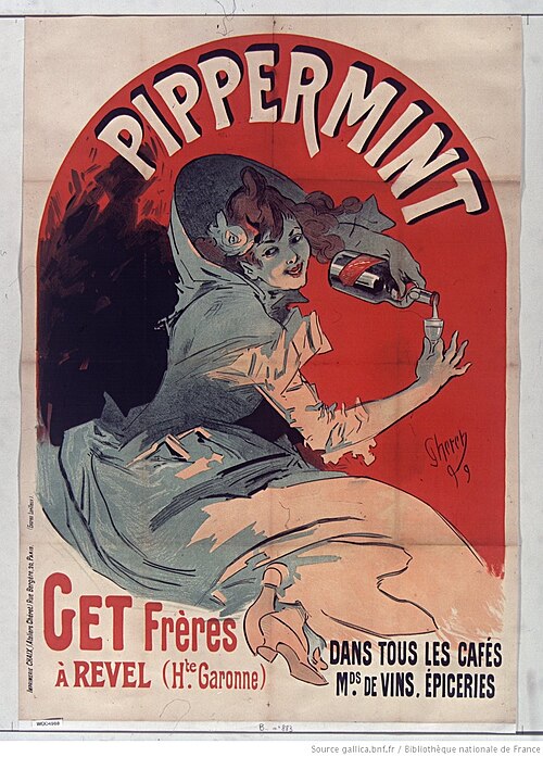 Faded earthy colours – Poster for Pippermint, by Jules Chéret (1899), Bibliothèque nationale de France, Paris