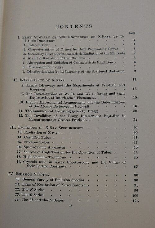 جدول محتويات كتاب "مطيافية الأشعة السينية" (1925)