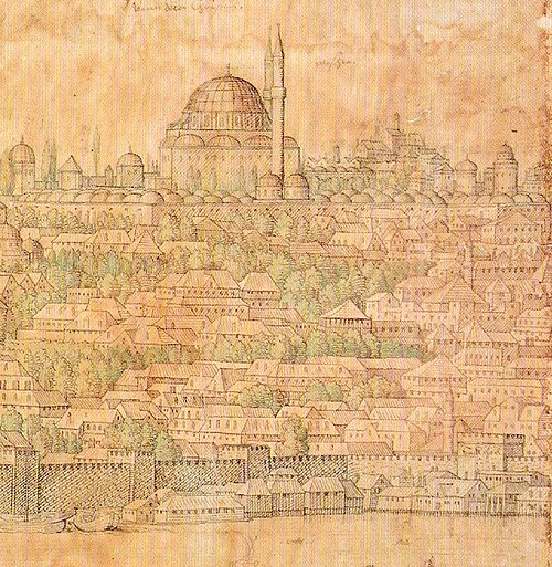 رسم توضيحي من القرن السادس عشر يظهر مسجد الفاتح الأصلي (أعلى)