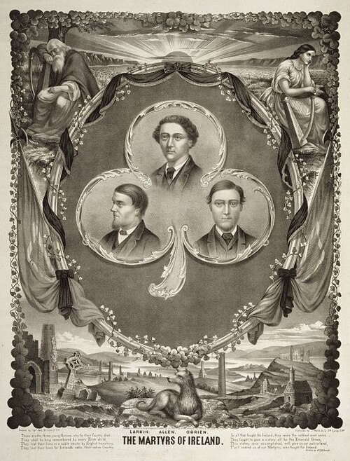 ثلاثة شهداء من مانشستر عام 1867؛ على اليمين مايكل أوبراين، عريف سابق في الكتيبة هـ، فوج المدفعية الأول لولاية نيو جيرسي