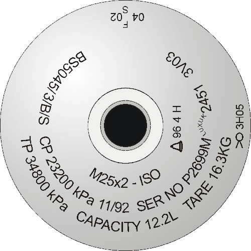 رسم تخطيطي لكتف أسطوانة مع علامة ختم: M25x2 ISO BS5045/3/B/S CP 23200kPa 11/92 SER NO P2699M LUXUK 2451 3V03 TP 34800kPa CAPACITY 12.2L ARAE 16.3 kg، وثلاثة تواريخ اختبار هيدروستاتيكي