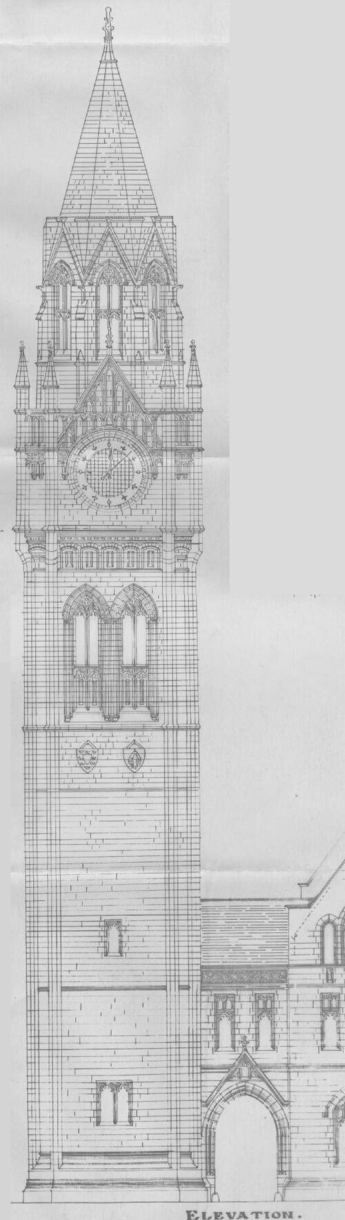 تصميم برج الساعة في قاعة مدينة روتشديل حوالي عام 1885