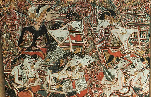الأميرة سيكار تاجي، ومبوك كيلي (يسار)، وغاندا ريبا أو بانجي (يمين) في القصر في كيديري، القرن السابع عشر
