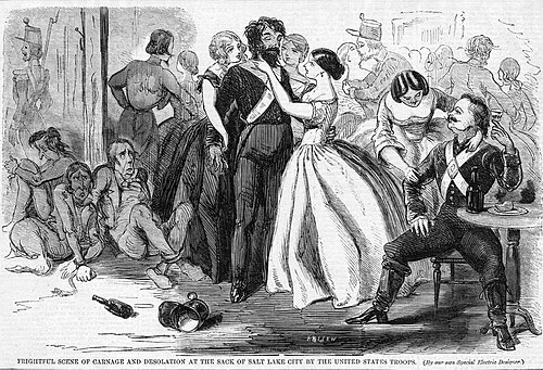 رسم كاريكاتوري يعود لعام 1858 يصور نساء مورمون يعتنين بالجنود.