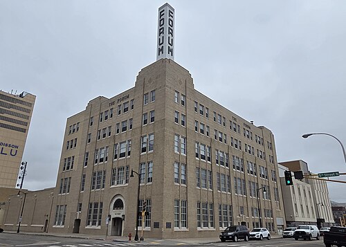 A photograph of the art-deco building headquarters of The Forum of Fargo-Moorhead.