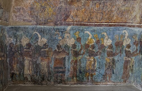 جدارية مايا لبونامباك من الهيكل رقم 1 في معبد الجداريات، تصور موكبًا من الموسيقيين، نهاية القرن الثامن الميلادي