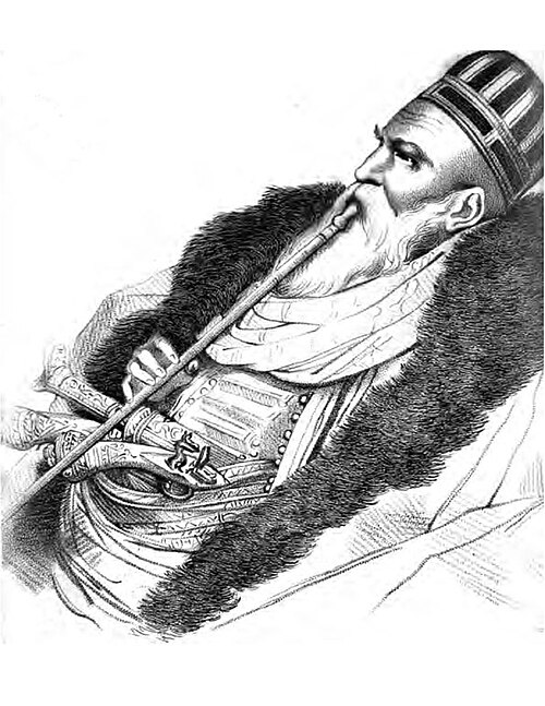 رسم تخطيطي لعلي باشا من يوانينا وهو يدخن النارجيلة