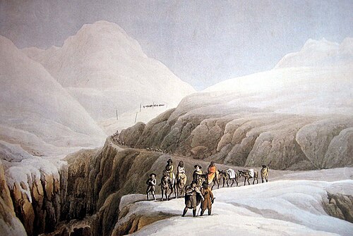 Winterreise 1790 über den Gotthard (نقش ملون بواسطة فيلهلم روث وفقًا لرسم يوهان جوتفريد جينتزش، 1790)