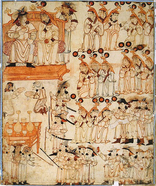 نساء يرتدين البقعة، رسم توضيحي لجمع الطوارح لرشيد الدين، الربع الأول من القرن الرابع عشر الميلادي.