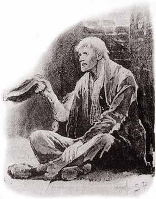 "الرجل ذو الشفة الملتوية"، بريشة سيدني باجيت عام 1891، متسول يلعب دورًا رئيسيًا في مغامرة لشرلوك هولمز