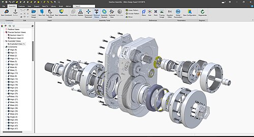 مثال على نموذج CAD "مفكك". تُعد الرسوم التوضيحية المفككة مع التسميات التوضيحية أسلوبًا شائعًا للتواصل البصري في الكتابة التقنية.