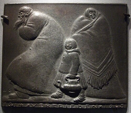 Ludwig Gies, cast iron plaquette, 8 x 9.8&nbsp;cm, inscribed "1914·VERTRIEBEN·1915" = "Refugees 1914–1915"