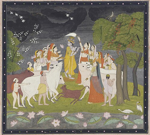 كريشنا يعزف على الناي، حوالي 1790-1800، منطقة جولر/كانجرا. ألوان مائية معتمة وذهب على ورق.