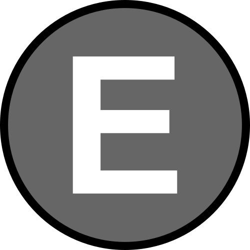 حرف E (أبيض على دائرة رمادية ذات حدود سوداء)