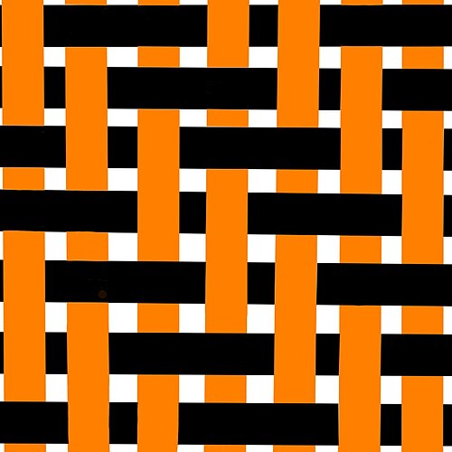 رسم تخطيطي بسيط لخيوط اللحمة السوداء التي تُنسج تحت خيطين من خيوط السدى البرتقالية ثم فوق خيطين من خيوط السدى.
