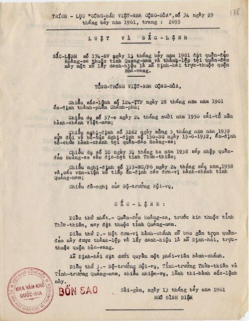 المرسوم رقم 174-NV الصادر عن رئاسة نغو دينه ديم، جمهورية فيتنام، بإعادة تقسيم جزر باراسيل لتصبح جزءًا من مقاطعة كوانغ نام اعتبارًا من 13 يوليو 1961. وكانت جزر باراسيل سابقًا جزءًا من مقاطعة ثوا ثين-هوي منذ 30 مارس 1938، عندما أعادت حكومة الهند الصينية الفرنسية تقسيمها.