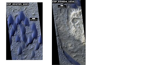 كثبان رملية في فوهتين، كما رصدتها كاميرا HiRISE ضمن برنامج HiWish.