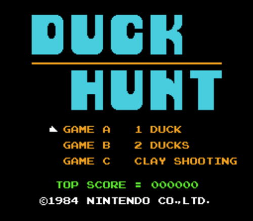 شاشة عنوان لعبة Duck Hunt، والتي تعرض إشعار حقوق الطبع والنشر ©1984 NINTENDO CO.,LTD.