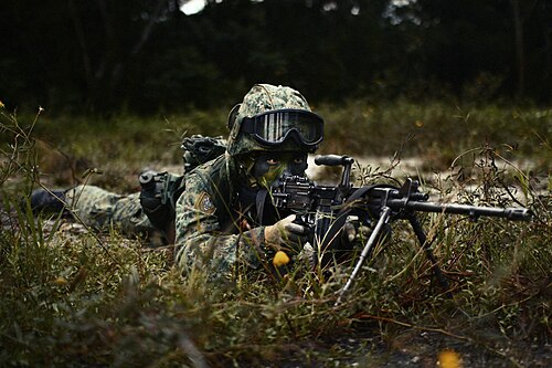 جندي سنغافوري يحمل سلاحًا آليًا من طراز Ultimax 100 Mk 2 Section (SAW) تم نشره